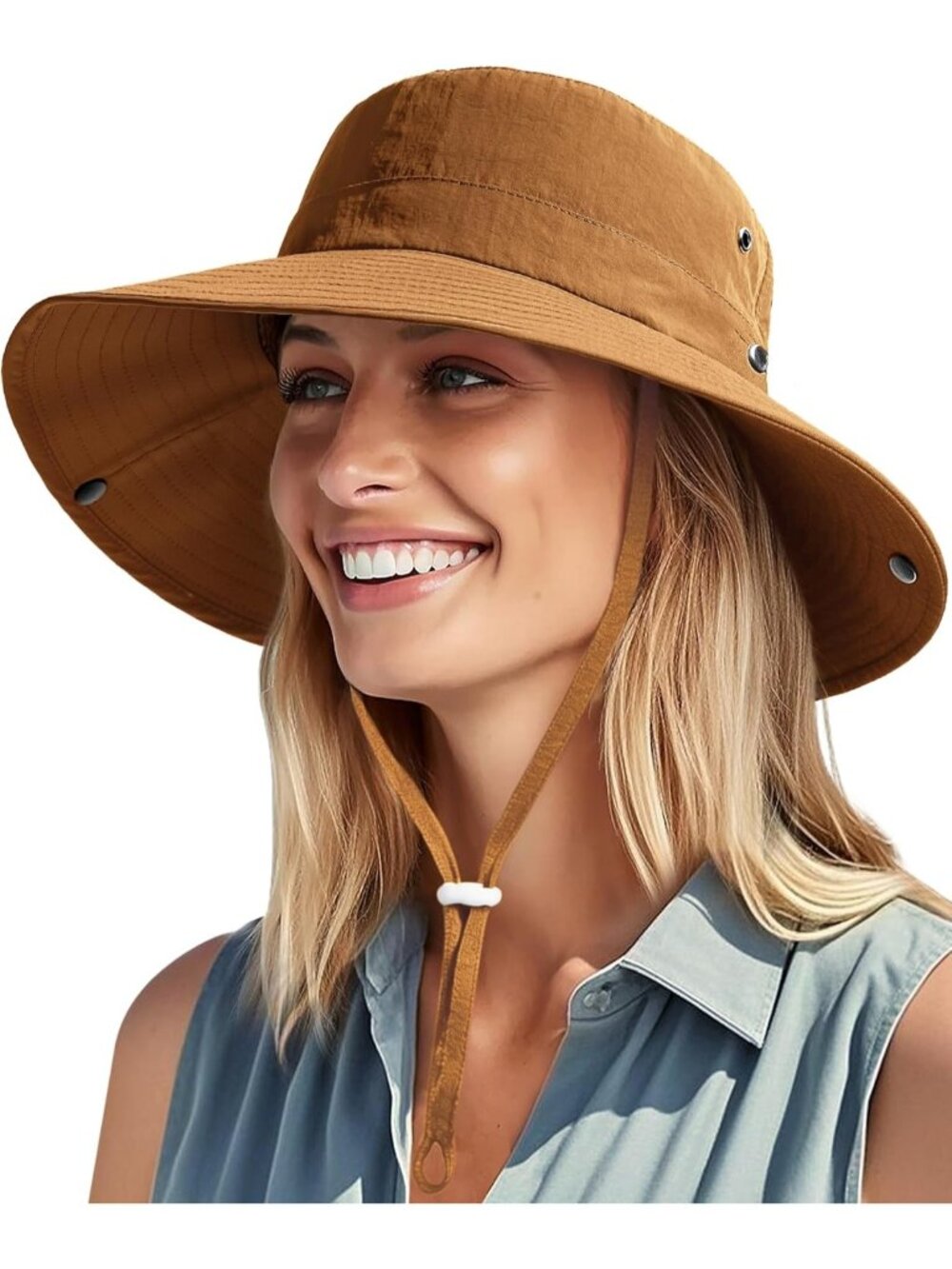 〽️Women Brown Ponytail UPF 80+ Wide Brim Packable Cowboy Hat Beach Sun Hat